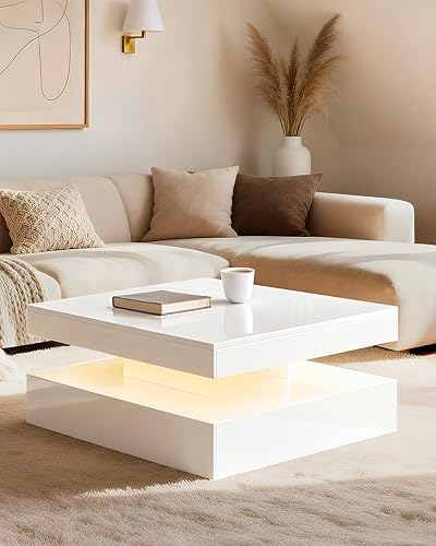 FKWin Withe - Mesa de centro moderna contemporánea con luces LED, mesas de centro blancas para sala de estar con superficie de alto brillo, mesa
