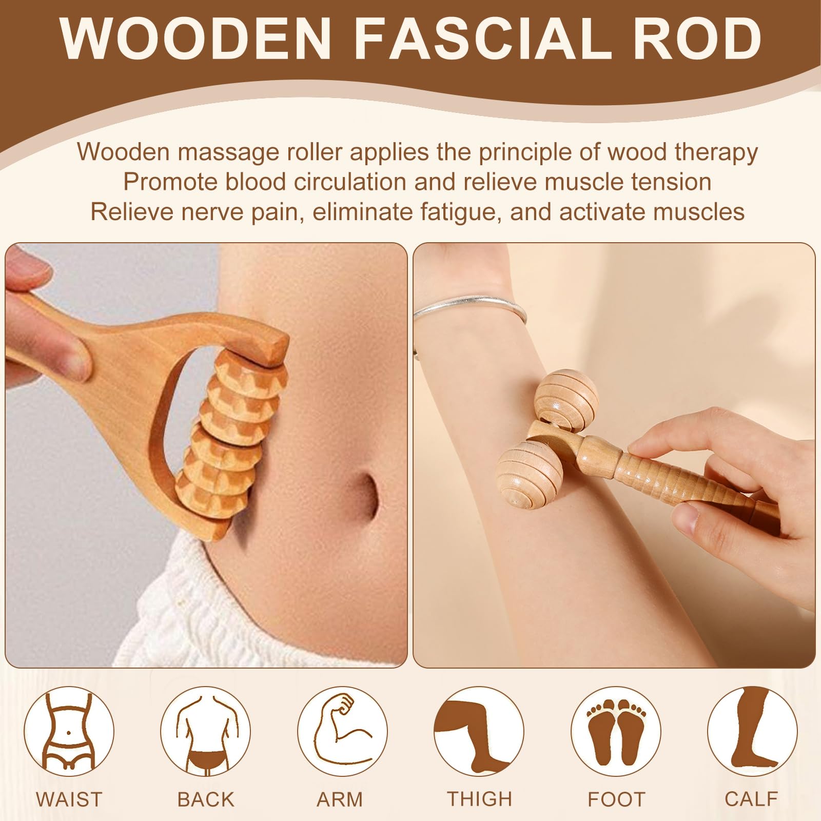 3 PCS Rodillo Masajeador de Madera, Rodillo de Madera para Espalda, Cuello, Piernas, Relaja los Músculos y Alivia la Fatiga, Apto para uso Doméstico, Viajes y Oficina
