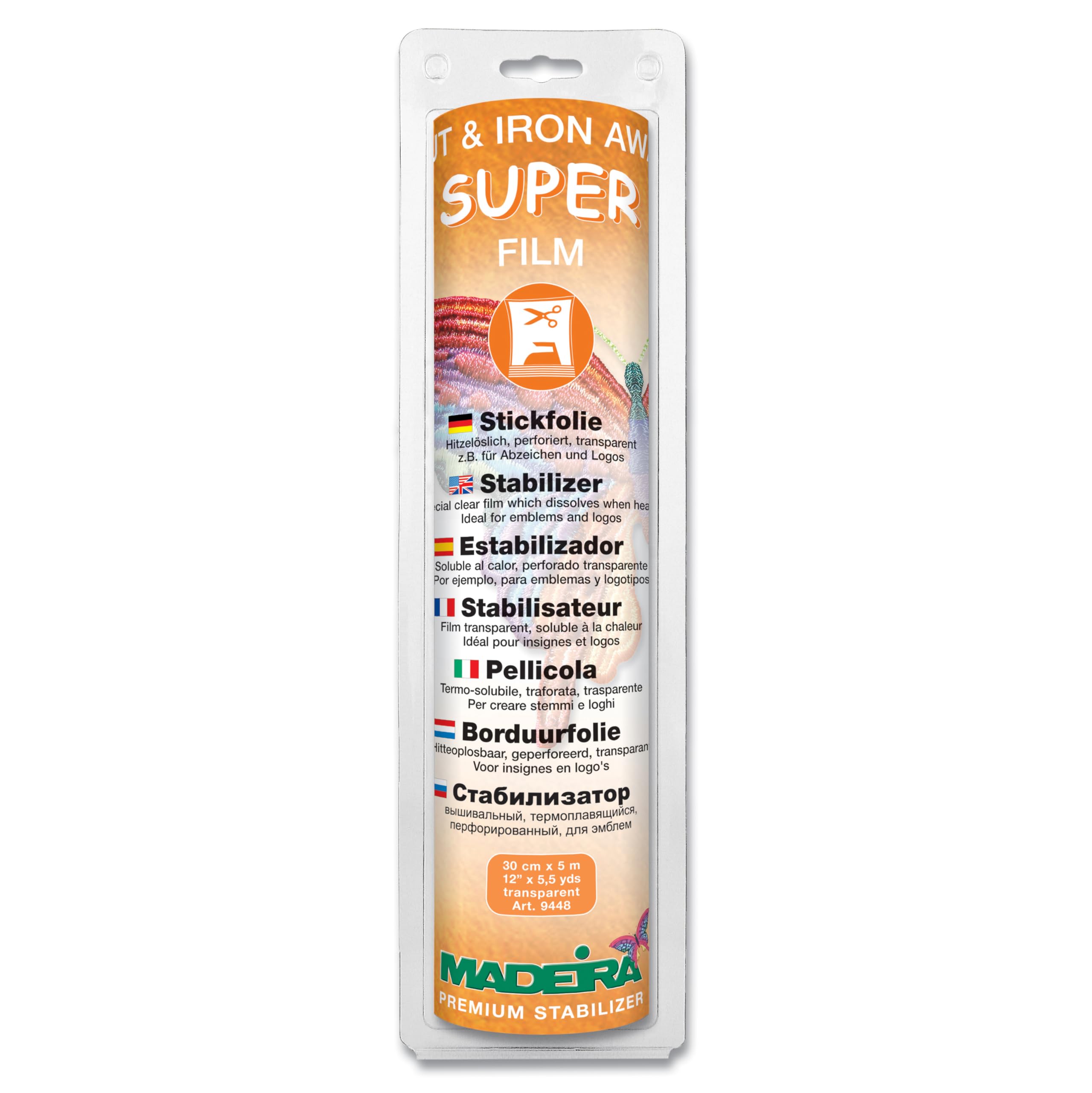 Madeira Super Film Iron Away Stabilizer - Embroidery Stabilizer Film - 30cm x 5m Transparent - Water Resistant