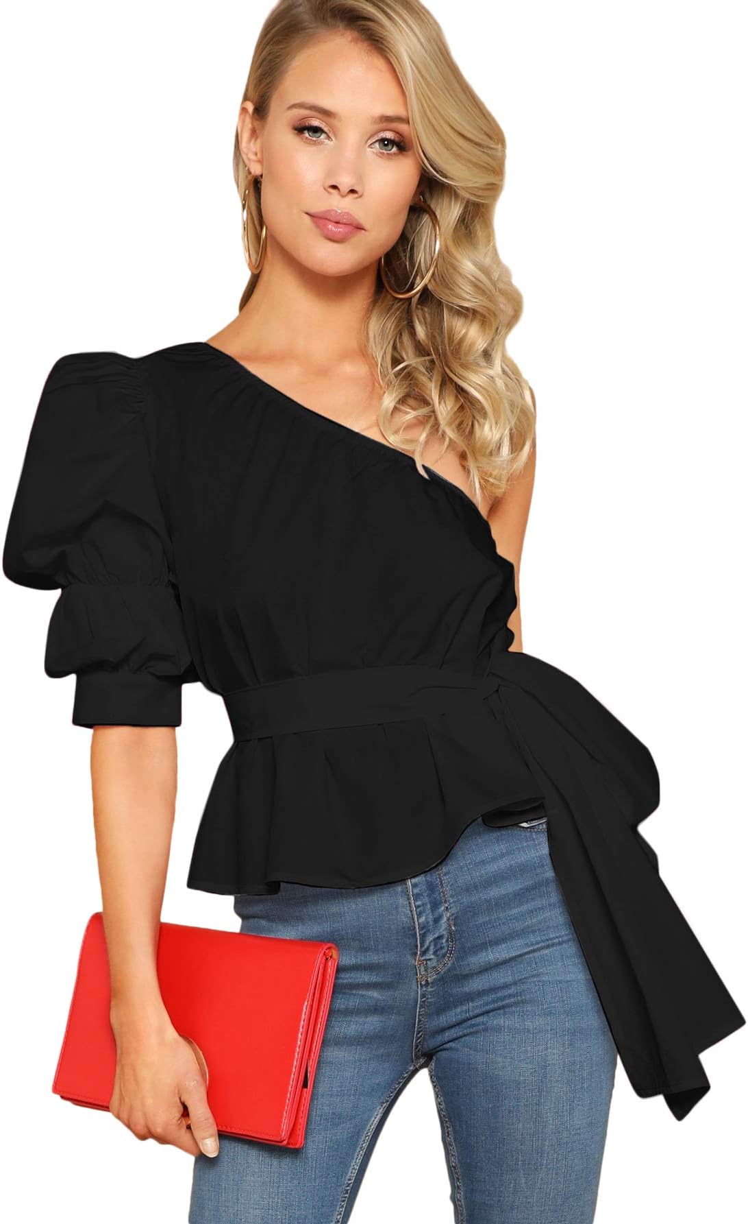 Women's One Shoulder Short Puff Sleeve Self Belted Solid Blouse Top