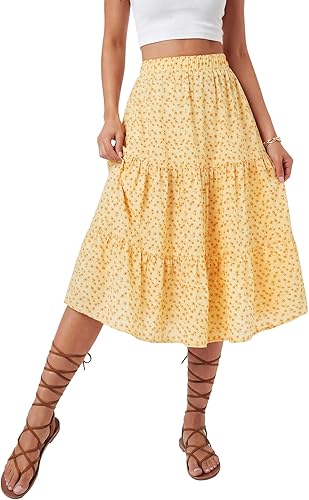 LYANER Women's Floral Print High Waisted A Line Tiered Ruffl