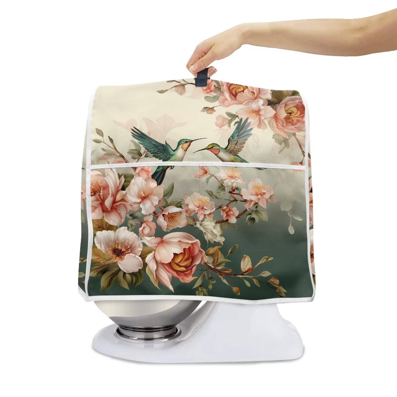 Hinthetall Hummingbird Floral Mixer Cover Home Kitchen Stand Mixer Cover Protector Dustproof Mixer Cover with Pocket