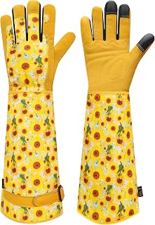 DLY Garden Gloves for Women,Gardening Gloves,Garden Gift for Lady,Yellow,S | Thornproof Cowhide Palm, Foam-Padded Grip, Long Yellow Sunflower Print Cuff, 3-Finger Touchscreen, Pruning,Weeding Yard Work