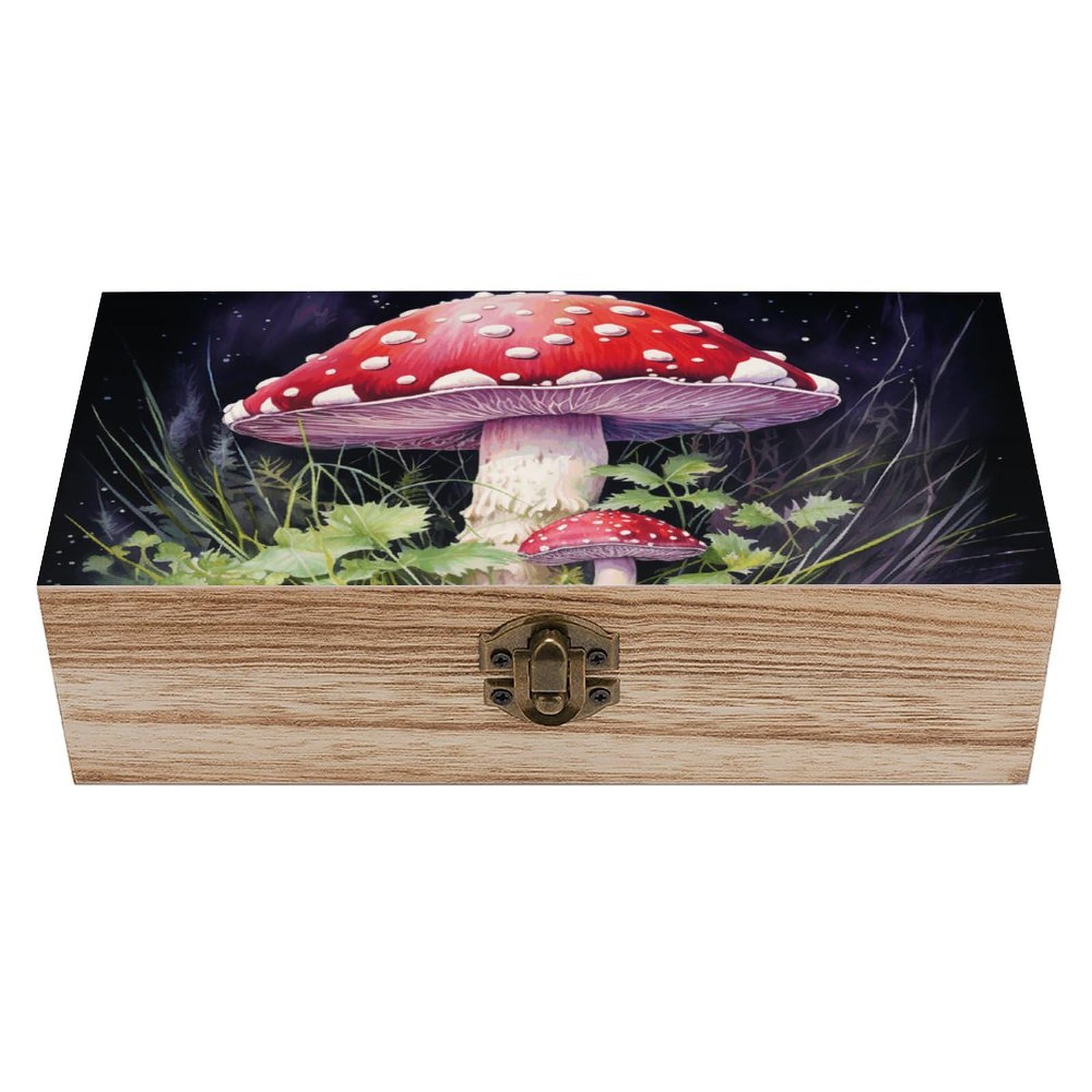 JTREHY Wooden Storage Box Container,Mushrooms in The Grassprinted Desk Storage Box Room Decoration Box Souvenir Storage Box for Jewelry Gift Storage And Home Decoration