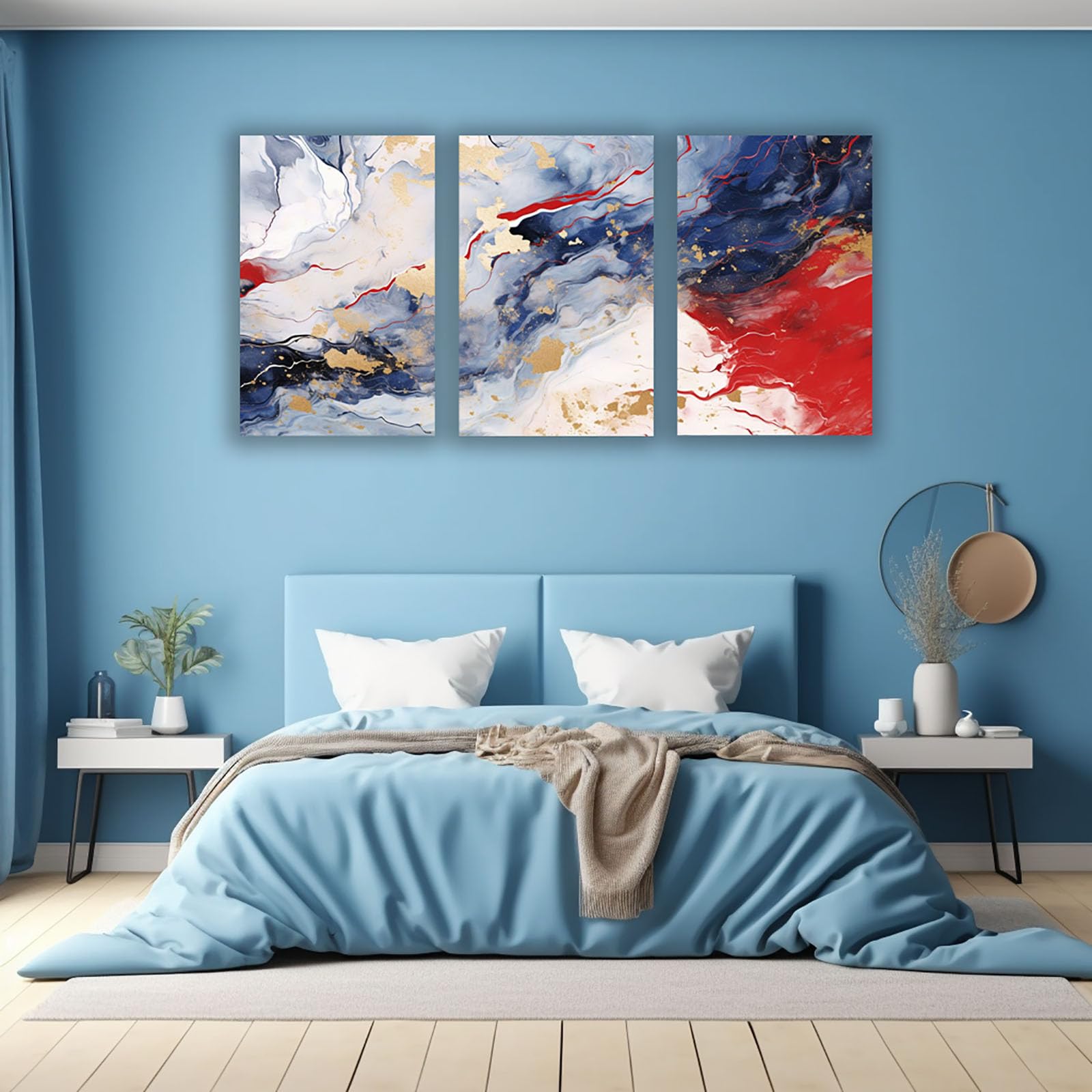 AMXBZC 3-teiliges Set Abstraktes Leinwand Bilder Kunstdrucke Vintage-Flüssigmalerei Wohnzimmer Wandbild Wand Wanddekoration - Modern Kunst für Büro(Blau)-30x45cmx3 Gerahmt