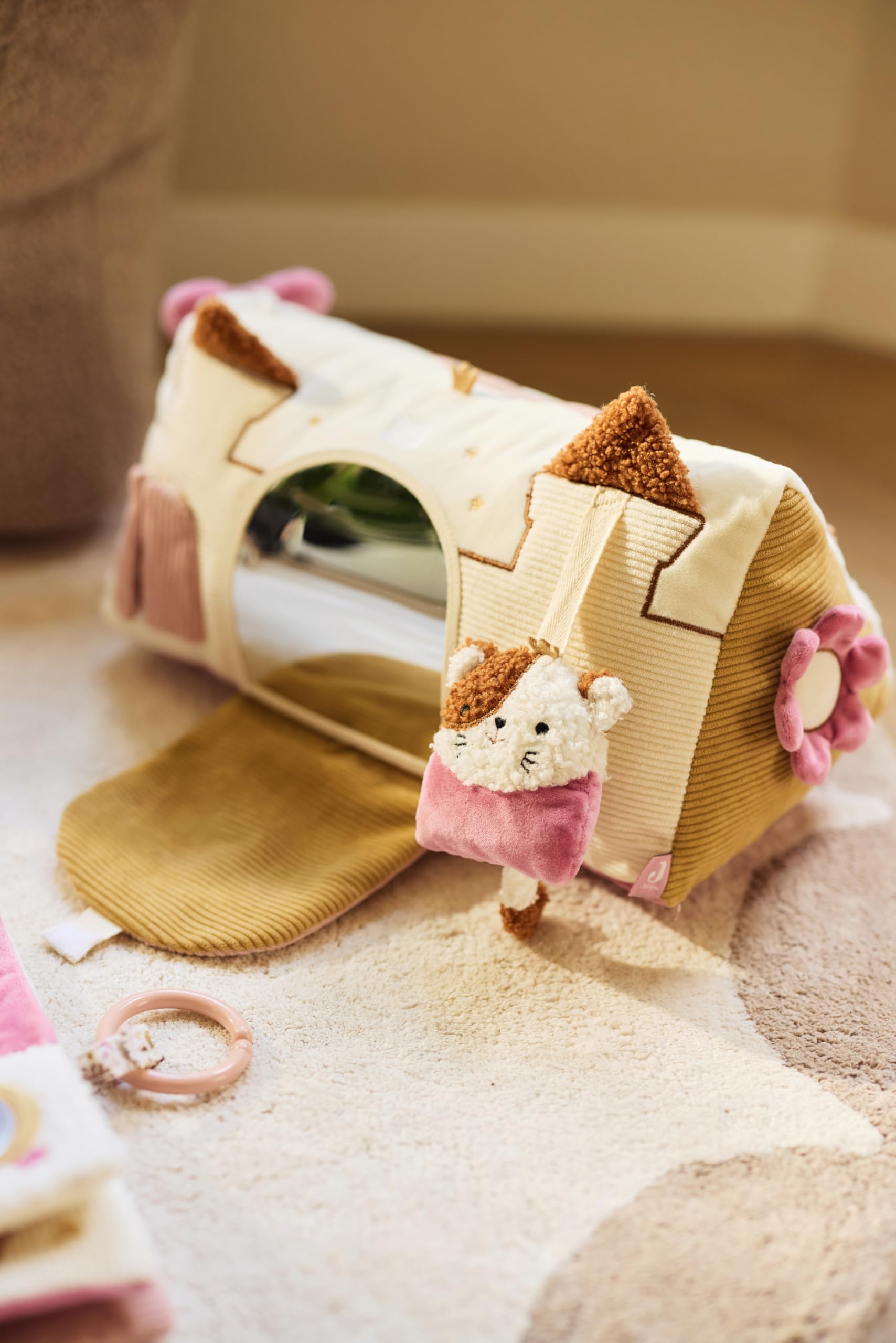 Jollein Coussin d’Activités - Tiny Park - Coussin de Jeu Tummy Time - Avec Château, Miroir et Anneau de Dentition - Jouet Bébé - Jouet Sensoriel