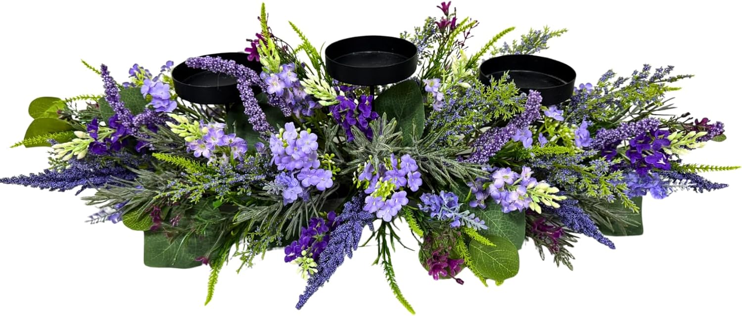 26 Inch Farmhouse Lavender Candle Holder Centerpiece, Rustic Floral Table Decor with 3 Holders for Pillar Candles Floral Centerpiece with Delphinium and Wildflower for Dinning Table Mantel