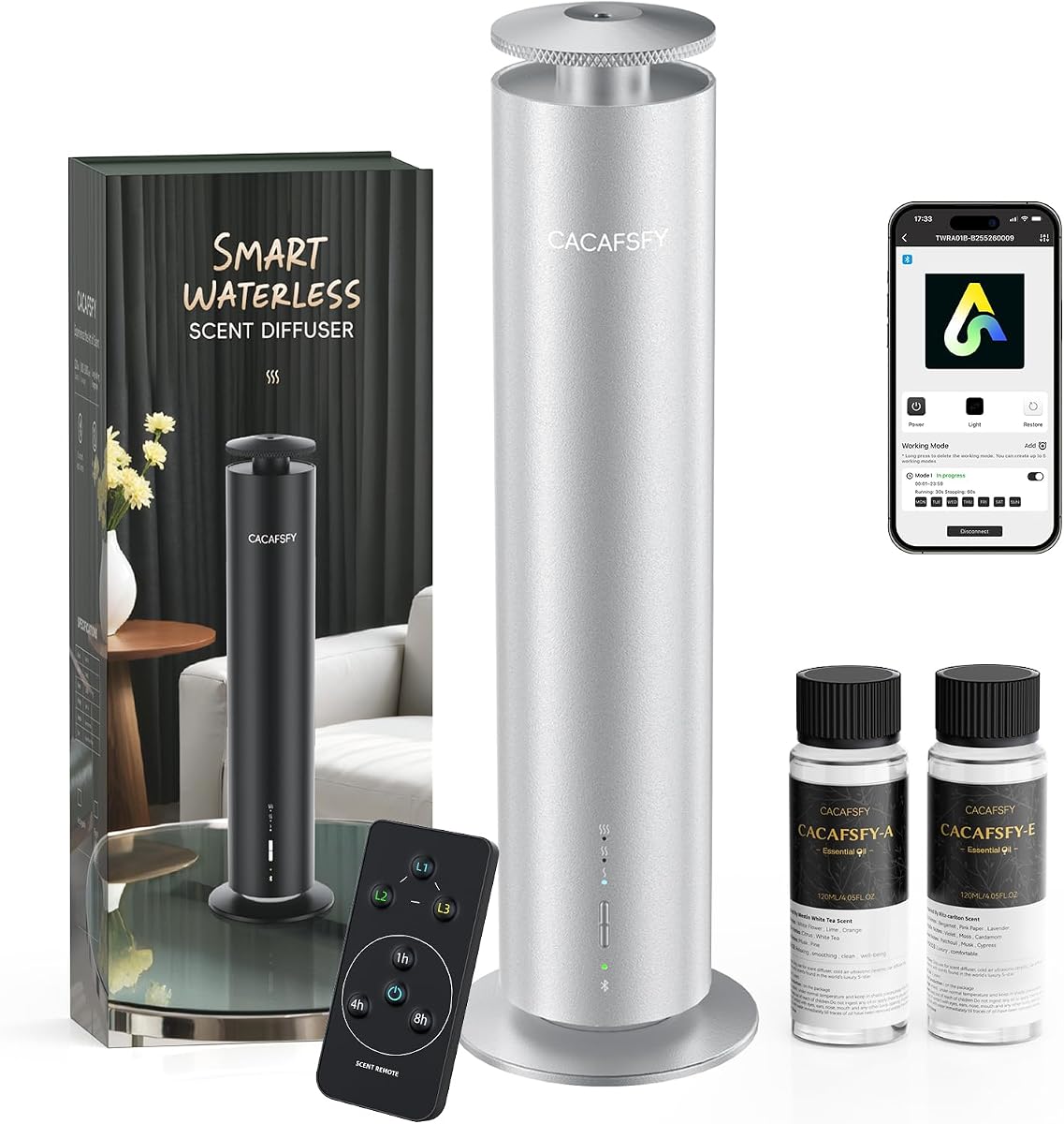 Waterless Essential Oil Diffuser for Large Room up to 1000 Sq Ft - Smart Hotel Scent Diffuser for Home with App, Remote & Timer, Whisper-Quiet Aluminum, Includes 2 x 120ml Oils