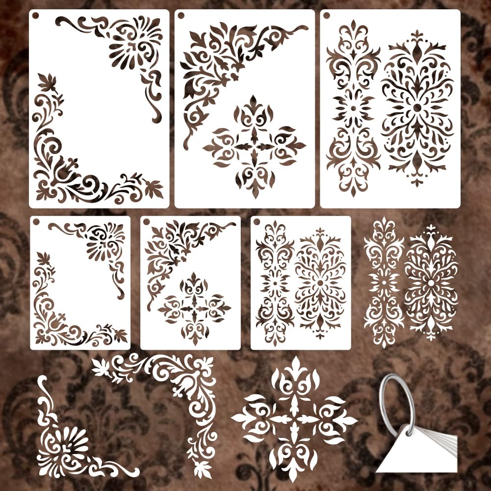 GOMAKERER 6 Pcs 6 Styles Corner Stencils for Painting, Vintage Floral Border Stencil Reusable Decorative Painting Templates for Painting on Wall Wood Home Decor