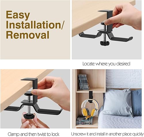 Miniatura 6 de MoKo Soporte para auriculares, soporte de aluminio giratorio de 360 para auriculares debajo del escritorio, soporte para auriculares con abrazadera