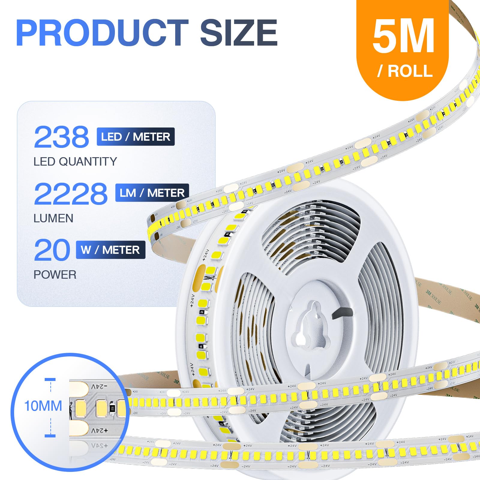 HOOLED Pro LED Striscia 5 Metri 100W Luce Naturale 4000K 1190 LEDs, 2228lm/m, Striscia Led 24V CC Dimmerabile Alta Luminosità, Luce Nastro Luminoso
