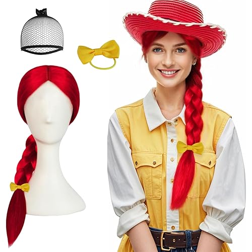JoneTing Long Red Braided Wig Red Cowgirl Wigs 【+Hair Cap+ Bowknot】 Long Straight Reddish Wig with Braid for Women Reddish Braided Cosplay Hair for Cowgirl Halloween Christmas Costume Outfit