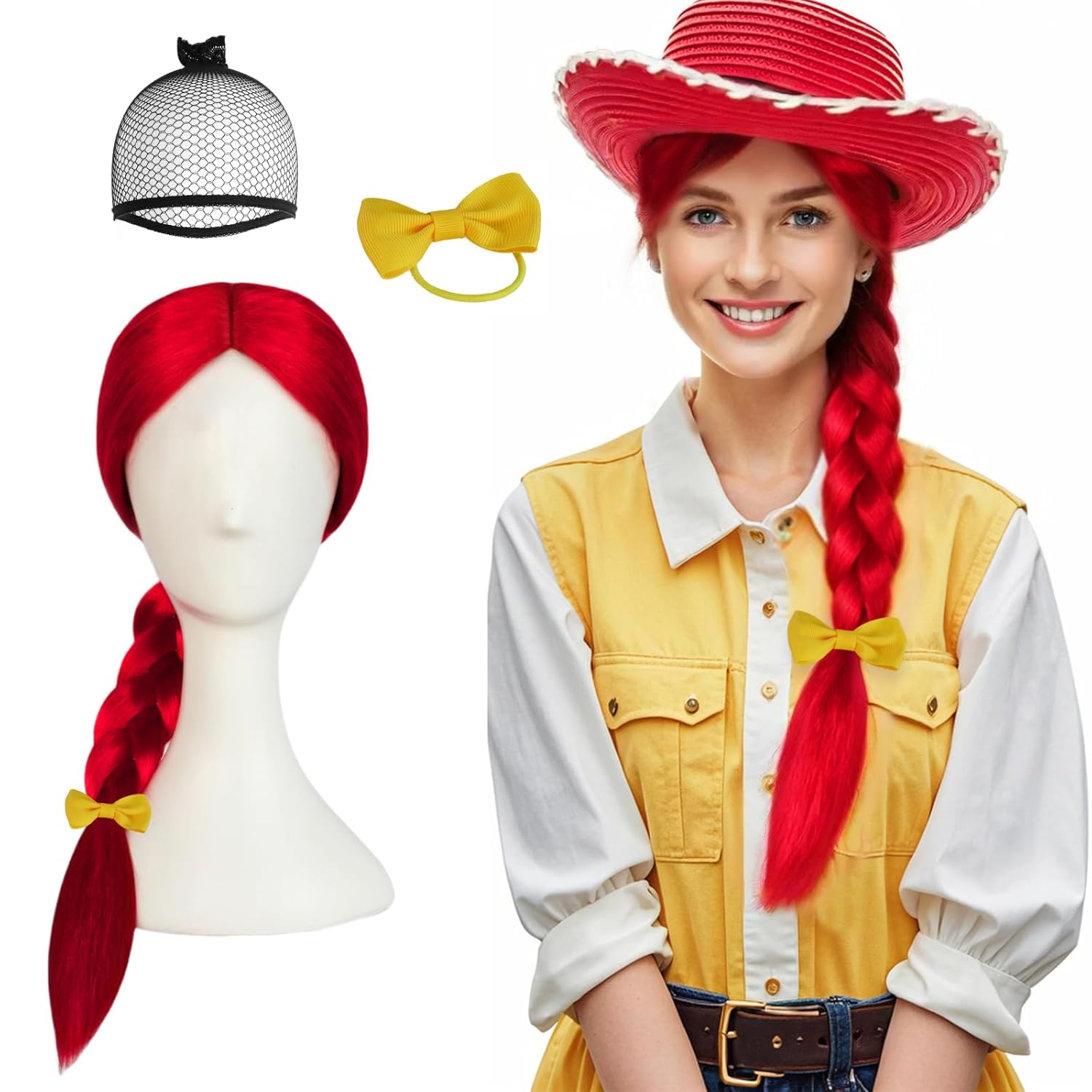JoneTing Long Red Braided Wig Red Cowgirl Wigs ?+Hair Cap+ Bowknot? Long Straight Reddish Wig with Braid for Women Reddish Braided Cosplay Hair for Cowgirl Halloween Christmas Costume Outfit
