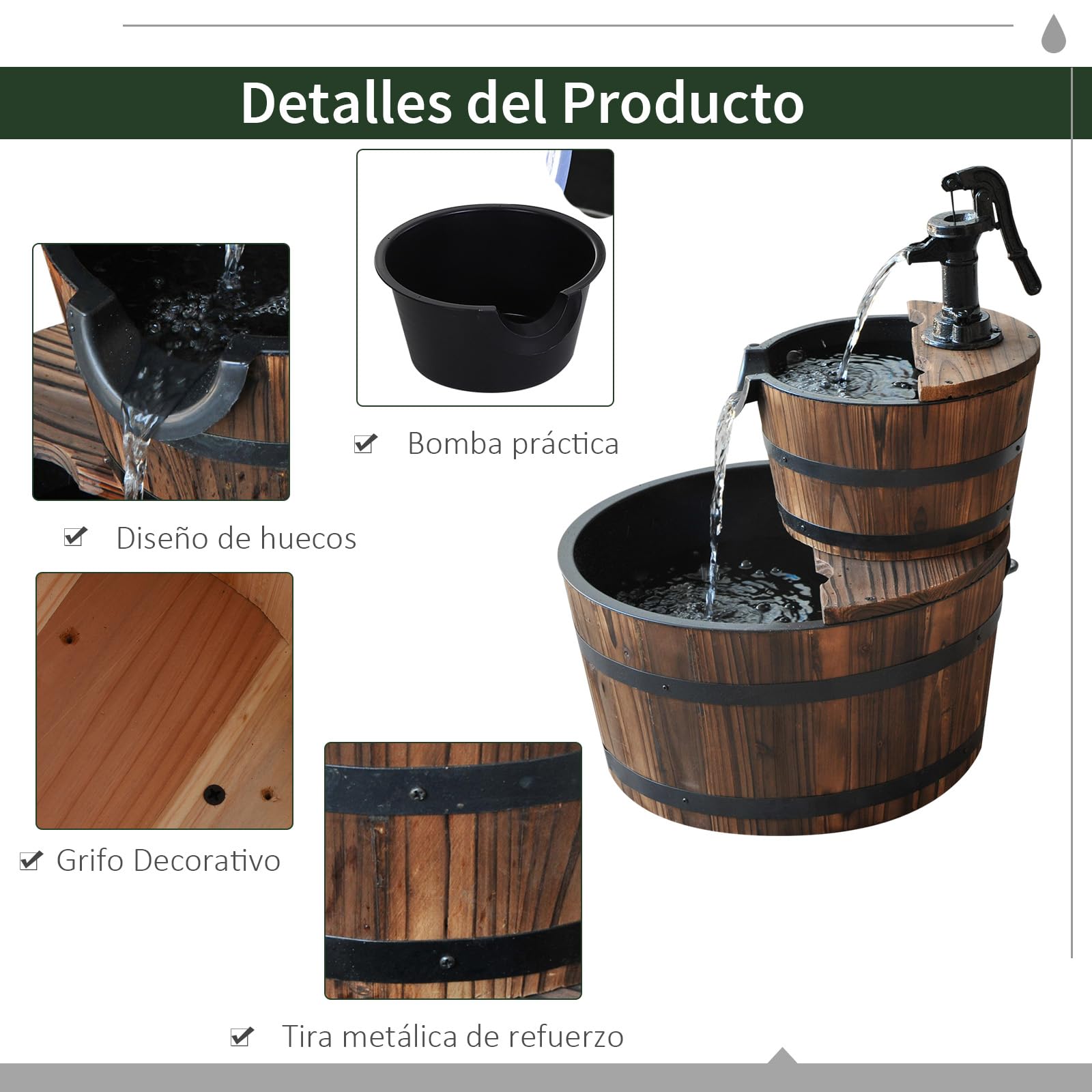 Outsunny Fuente de Agua de Madera Fuente de Jardín en Cascada de 2 Niveles con Bomba Eléctrica y Salida de Agua Ajustable para Decoración Patio Terraza 44,5x44,5x58,5 cm Natural