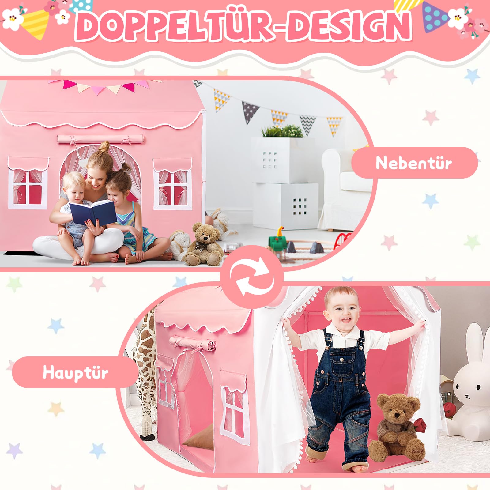 Herenear Kinderzelt mit 2 Eingängen, Spielzelt Kinder Indoor mit Lichtern und Zeltunterlage, Spielhaus Kinderhaus Innenbettzelt, Zelt Kinderzimmer Dekor für Kleinkinder (Rosa)