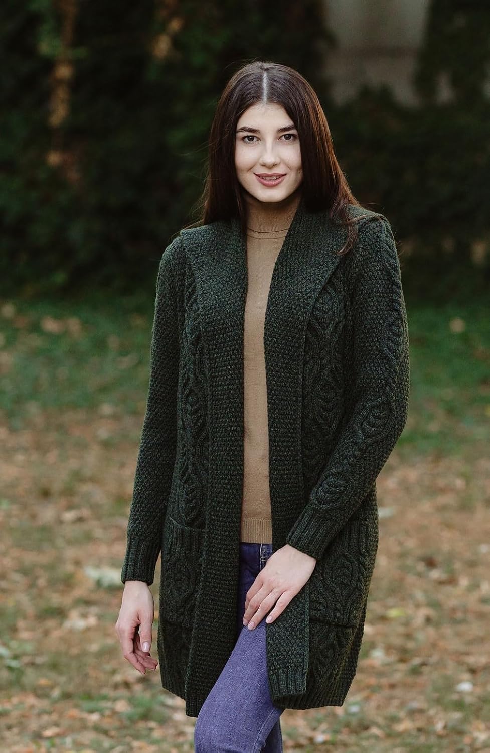 SAOL 100% Merino Wool Ladies Irish Classic Fit Long Cardigan with Hood - Image 4