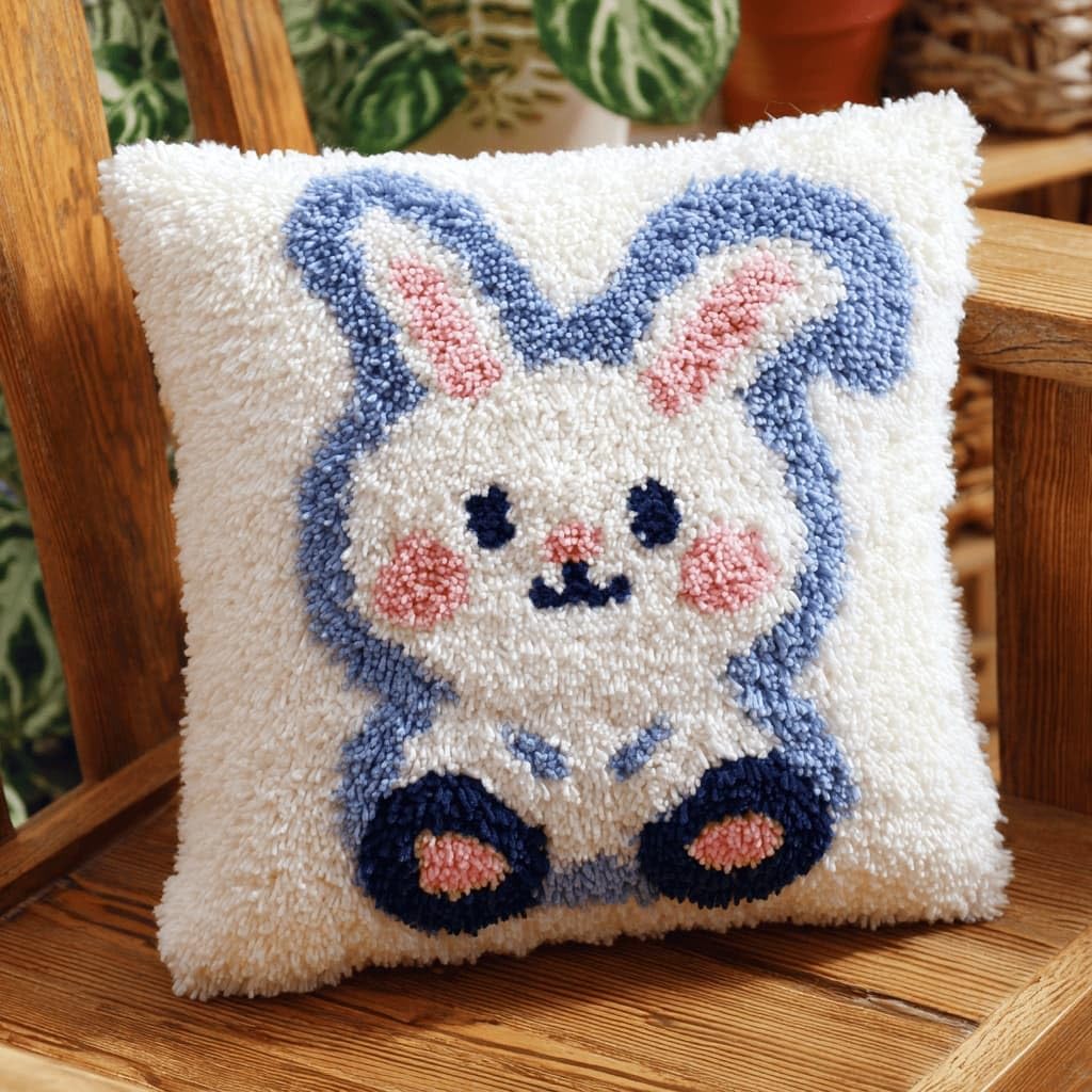 AxiangziK Latch Hook Pillow Kit for Adults,Rabbit 17X17In Latch Hook Kit for Pillow Cover with Instruction for Beginner Cross Stitch Sofa Cushion Cover with Crochet Yarn for Beginners and Home Decor