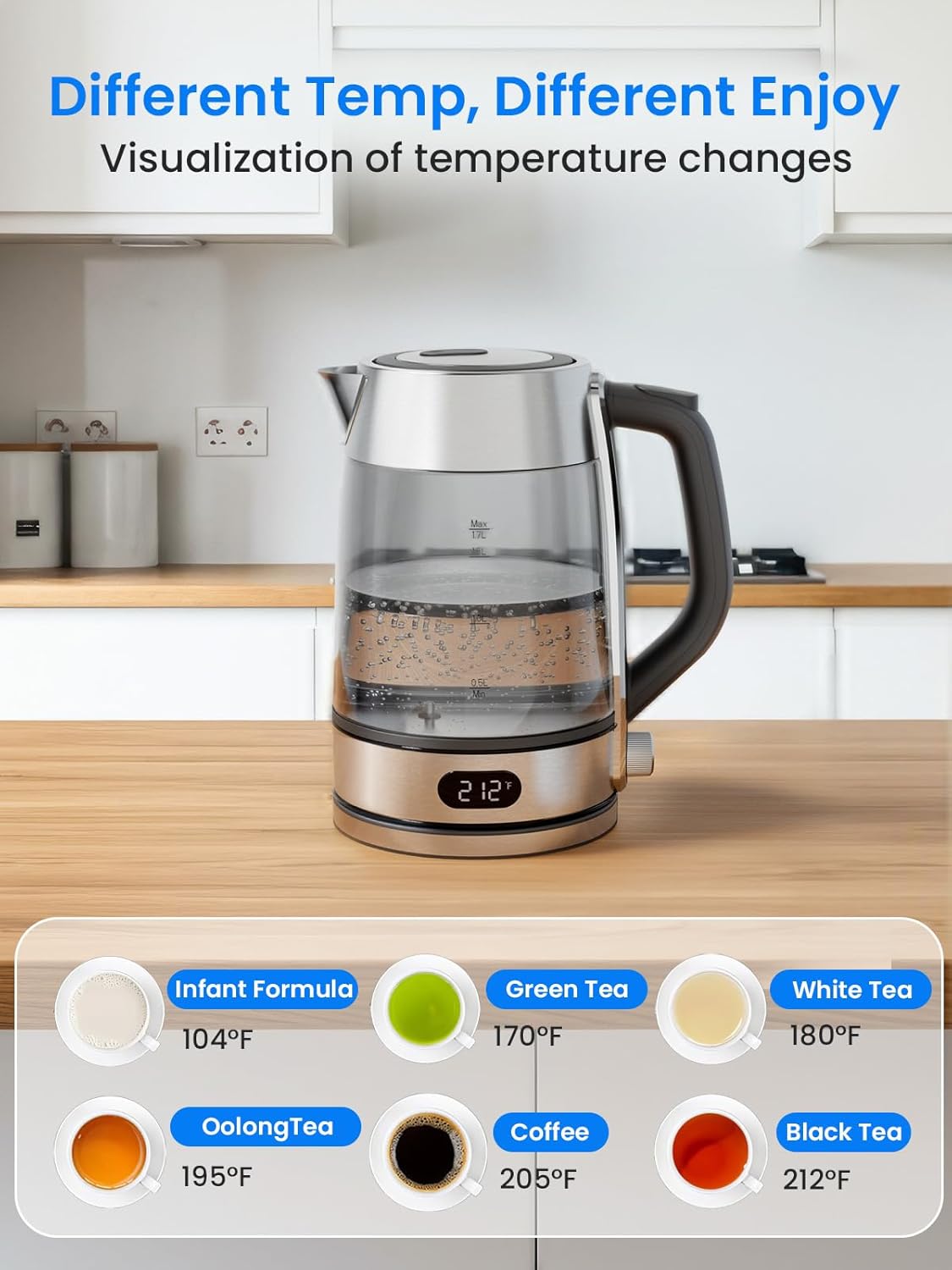 Kismile Electric Kettle, Color-Changing Light, 7 Adjustable Temp Settings & 2h Keep Warm, Auto Shut-Off, 1.7L 1500W Water Boiler for Coffee & Tea, Borosilicate Glass
