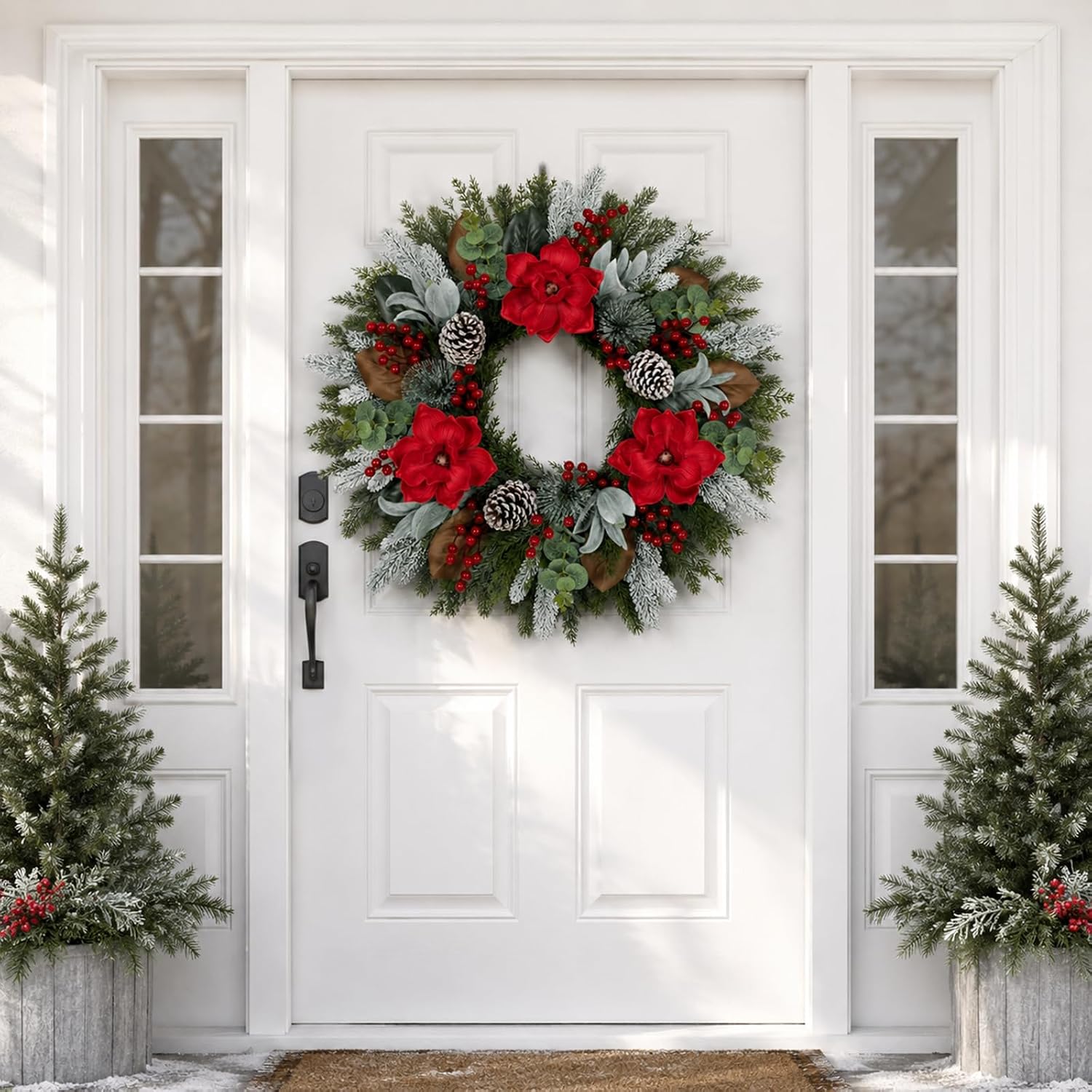28 Inch Christmas Wreath for Front Door, Frosted Red Magnolia Winter Wreath