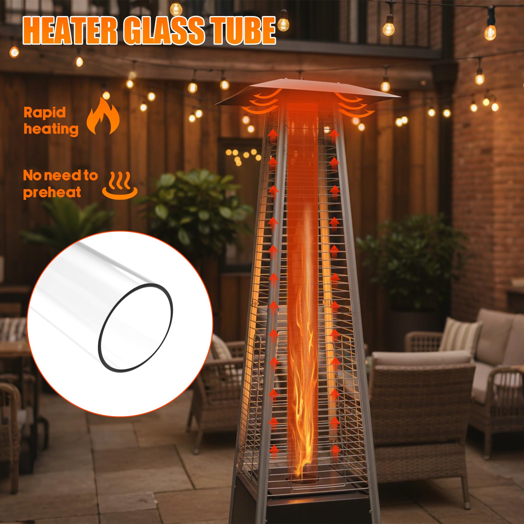 Onlyfire Tubo in Vetro Borosilicato per Riscaldatore da Esterno a Piramide a 4 Lati, Tubo di Vetro di Ricambio Resistente alle Alte Temperature per Riscaldatori a Gas da Esterno, 125cm x 10cm