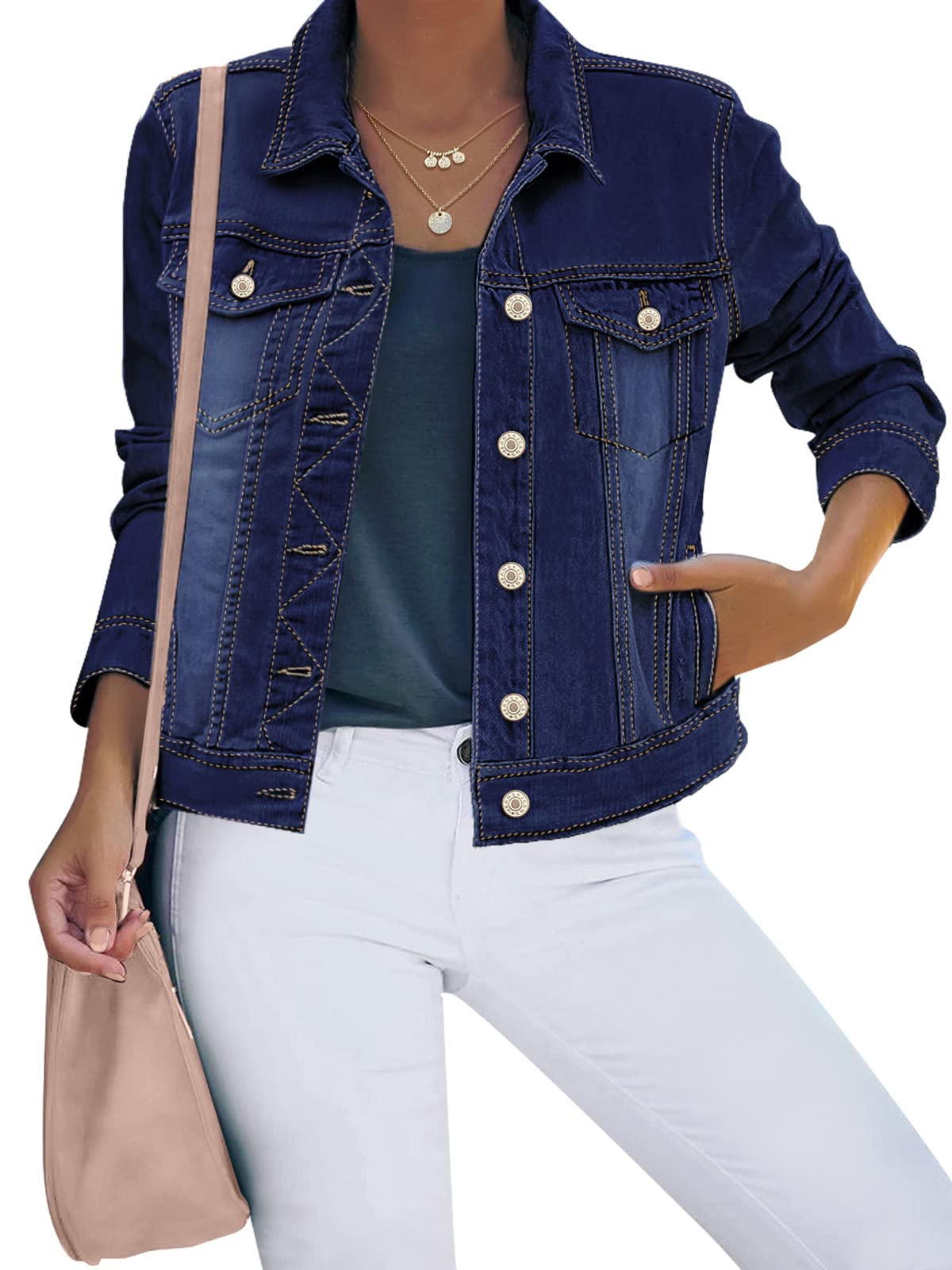luvamiaWomen's Basic Button Down Stretch Fitted Long Sleeves Denim Jean Jacket