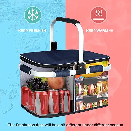 Miniatura 5 de LIQING - Cesta de picnic grande de 35 L, bolsas de compras para viajes, camping, 2 capas de bolsillos internos a prueba de fugas y aislamiento