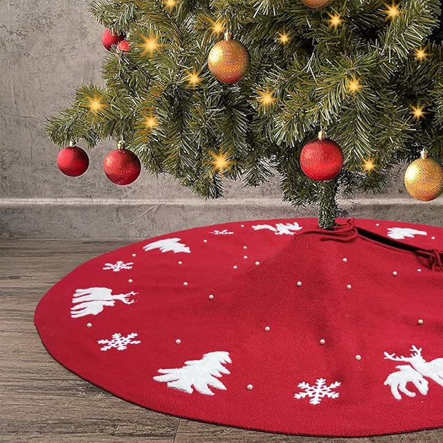 Donken Knitted Christmas Tree Skirt 48 inch Red 3D Plush Elk Snowflakes Large Xmas Knitted Tree Skirts for Christmas Holiday Party Decoration