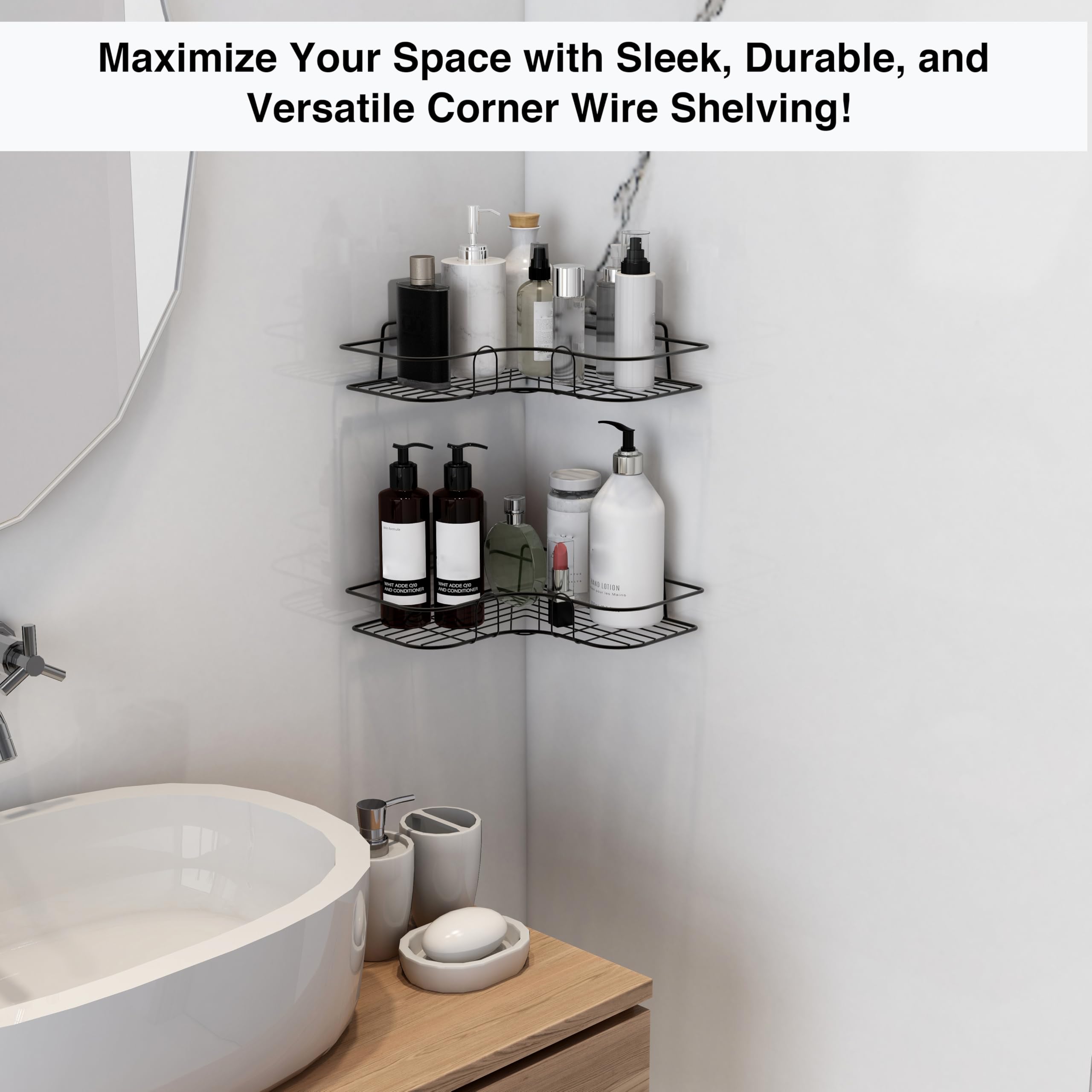 Ruboxa Self Adhesive Corner Shelf for Bathroom/GI Metal Shelf for Kitchen with Magic Sticker/Bathroom Organizer - Pack of 2 (Black) 3
