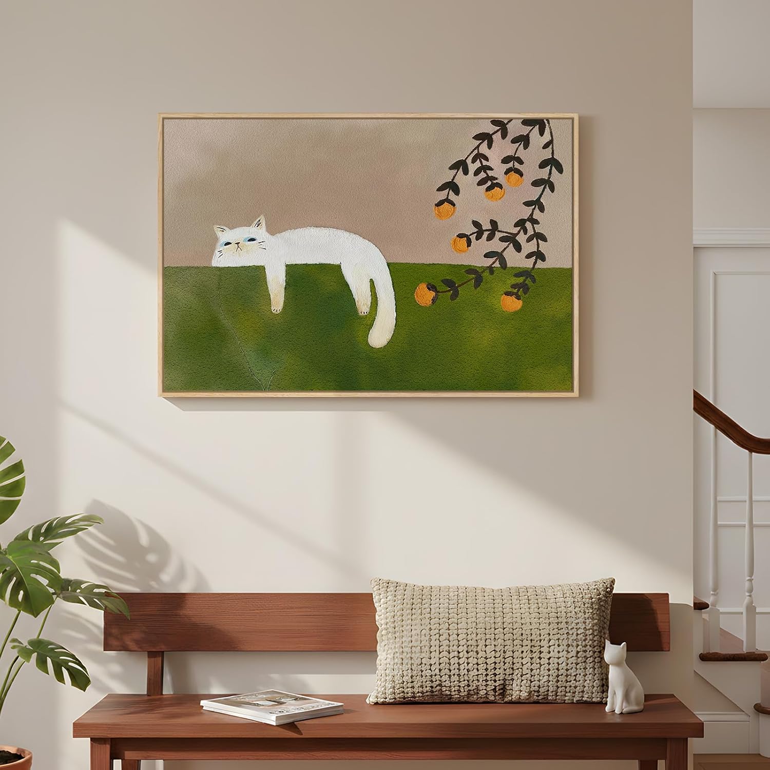 Framed Neutral and Green Wall Art for Bedroom Decor, Large Cozy Cat Canvas Painting Artwork for Room Walls, Green Picture Print for Dining Room Nursery Guest Room Hallway Wall Art Decor, 24x36 Inch - Image 3