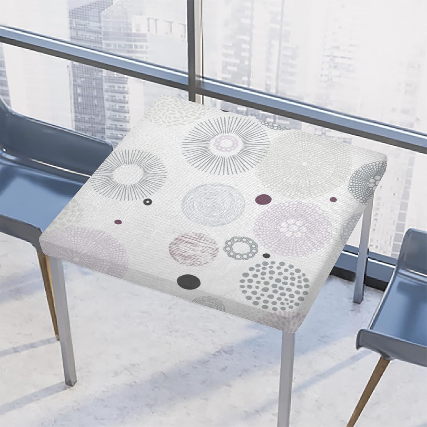 Elastic Edged Fitted Tablecloth, 34x34 Inch Square Abstract Circles PVC Vinyl Cover, Waterproof & Wipeable for Indoor Outdoor Dining