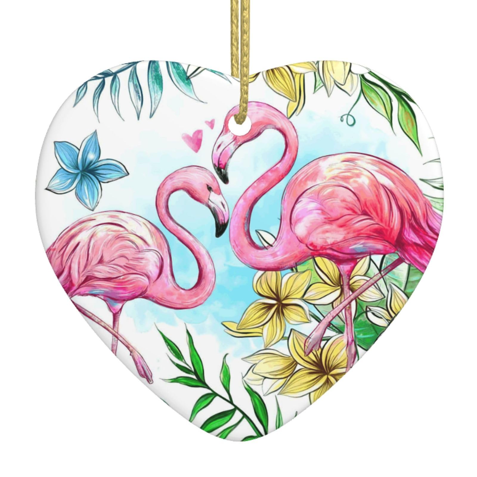 Nbtghga White Flamingo Flowers Print Christmas Ornaments, Ceramic Hanging Ornament, Xmas Tree Decoration, Holiday Home Decor