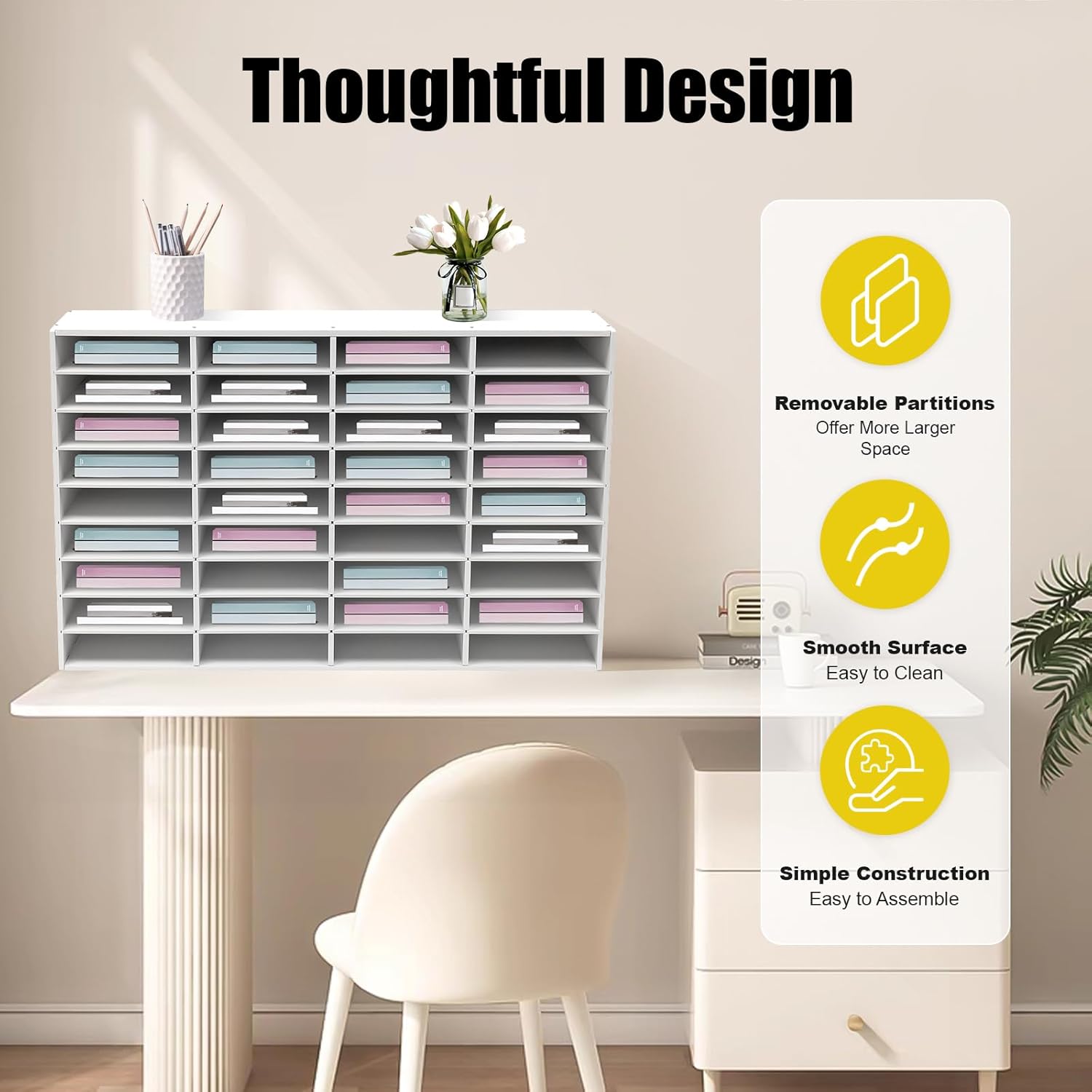 36 Slots Literature Organizer, Desktop Paper & Mail File Sorter for Classroom/Office/Home, PVC File Storage Cabinet with Adjustable Compartments, Multi-Purpose Mail Center (White-36 Compartments)