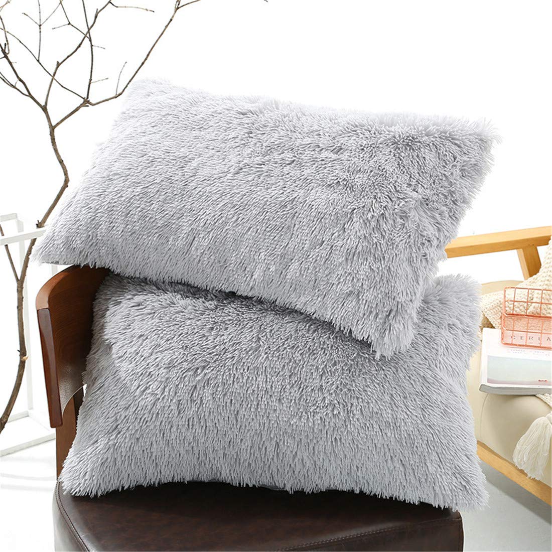 Faux Fur Throw Pillow Cases, Plush Shaggy Soft Pillow Covers, 2 Pack Fluffy Decorative Pillow Shams Zipper Closure, 20X27 Inch (Light Gray)