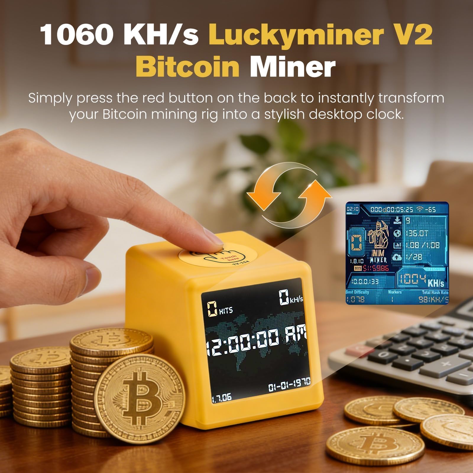 Luckyminer V2 Bitcoin Miner - 1060 KH/s Solo Lottery Miner Mit ESP32-WROOM-32, 1,54-Zoll-Display & Hash-Rate-Rechner - Plug & Play USB Miner Für Zuhause, Büro & Als Tischuhr (Kompatibel Mit V2)