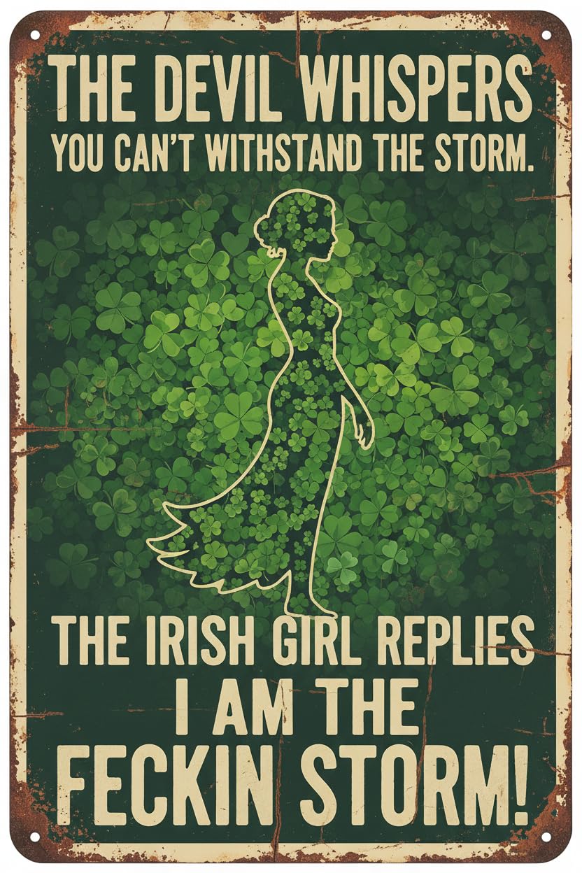 The Devil Whispers You Can't Withstand The Storm The Irish Girl Replies I Am The Feckin Storm Retro Metal Tin Sign Vintage Sign For Home Coffee Wall Decor 8x12 Inch Signs Aluminum Plates Printed