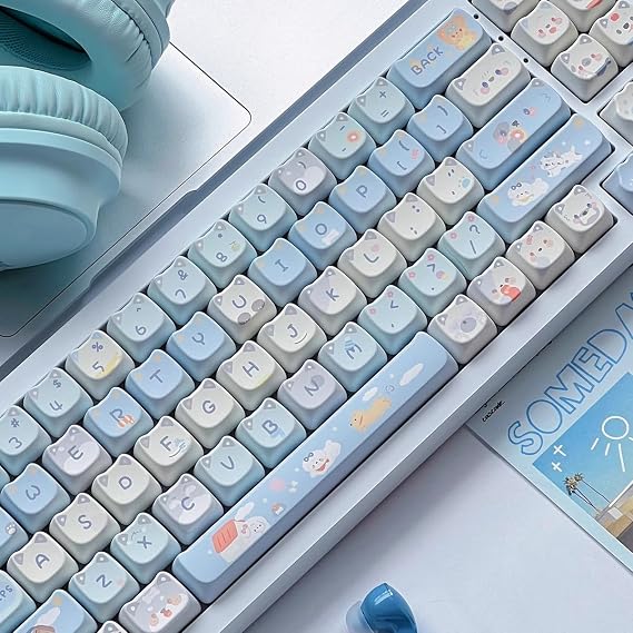 Mao Height Cat Shape Theme keycaps PBT keycaps Customized keycap Set Suitable for 61/87/104/108 Cherry MX Switch and Other Mechanical Keyboards (Blue)