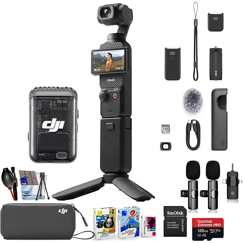 DJI Osmo Pocket 3 Creator Combo, 1'' CMOS, 4K Resolution/120fps Vlog Camera, 3-Axis Stabilization Bundle + Accessories Including 128GB Extreme Card, Editing Software Package, Starter Kit