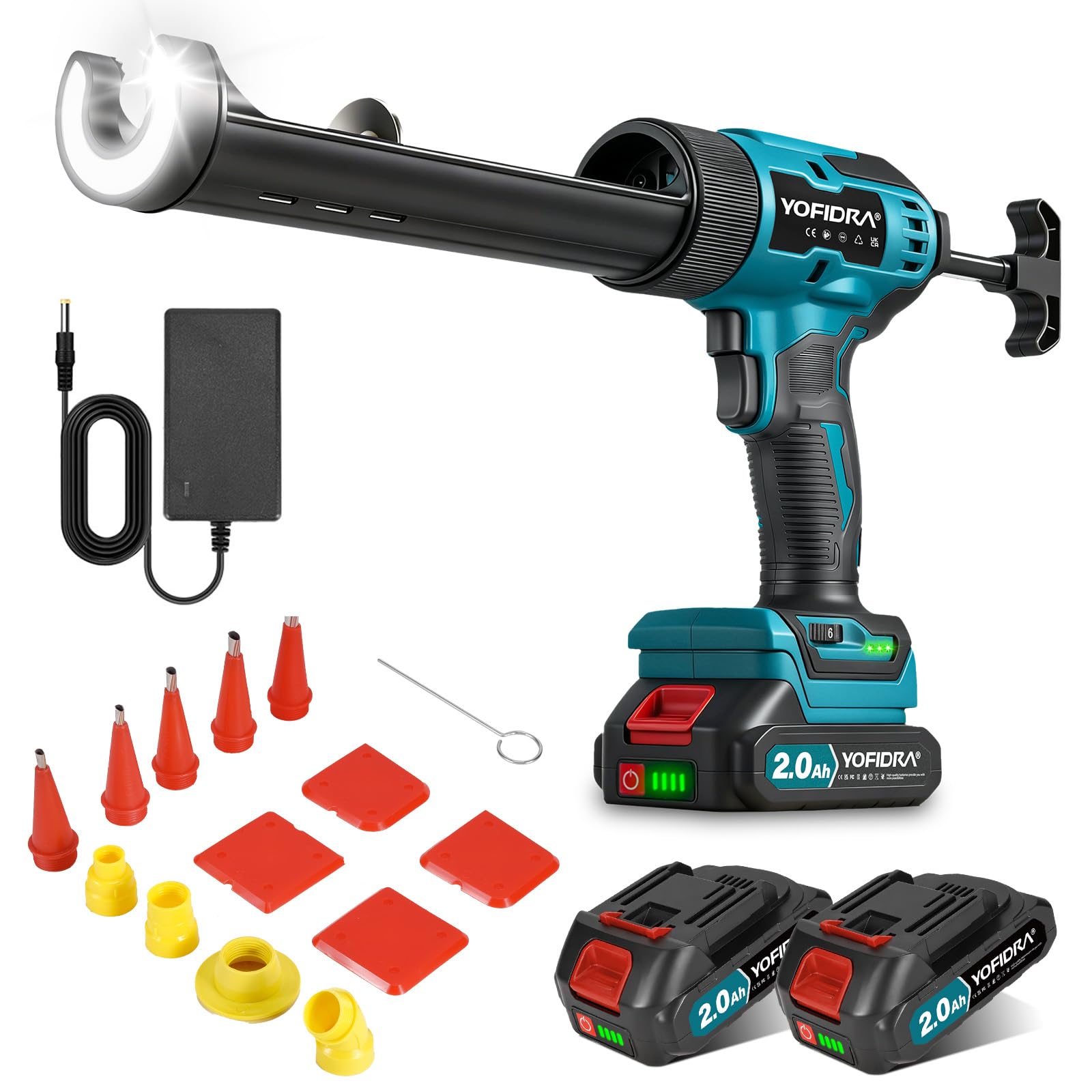 Pistolet à Silicone Électrique 600 kg 6 Vitesses Lumière LED 2 Batteries 2.0Ah 13 Accessoires 5 Buses 300ml