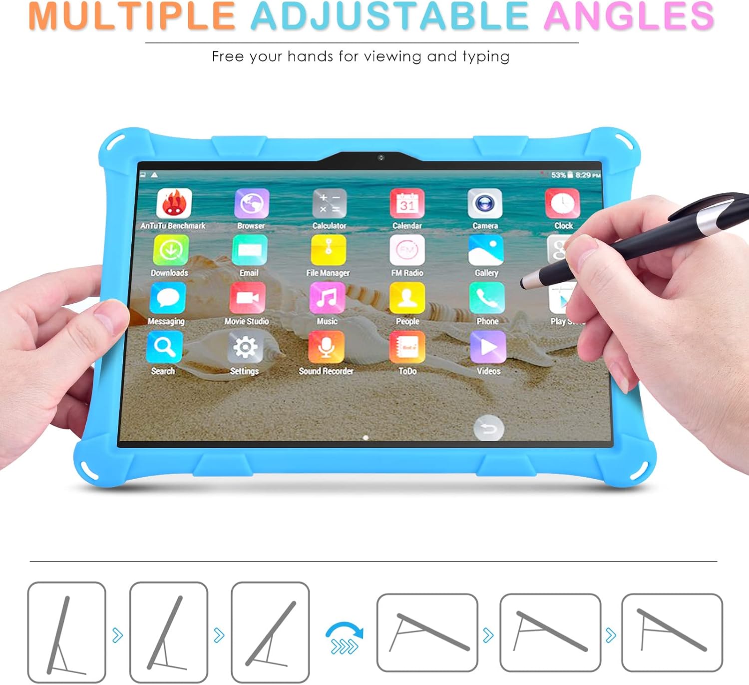 DETUOSI Silicone Case Compatible with Dragon Touch Notepad K10, 10 inch Universal Tablet Case, Multi-Angle Protective Cover for ZONKO K105 10 inch, Winsing 10 with Strap & Stylus Pen, Blue