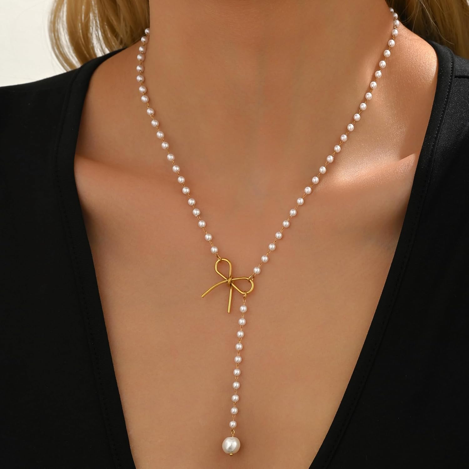 Y-Shaped Necklace for Women,18K Gold Plated Minimalist Lariat Chain with CZ Flower Pearl,Trendy Cross Bow Necklaces Everyday Boho Jewelry - Image 2