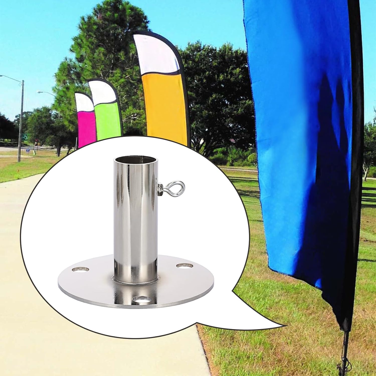 JUXYES 4 PCS Canopy Fitting 1 3/16 Foot Pad with Eyebolts, Galvanized Steel Batting Cage Ground Plate Fitting, Diameter Adjustable Short Foot Pad Pole Stand Holder for Umbrella Flag Light Pole