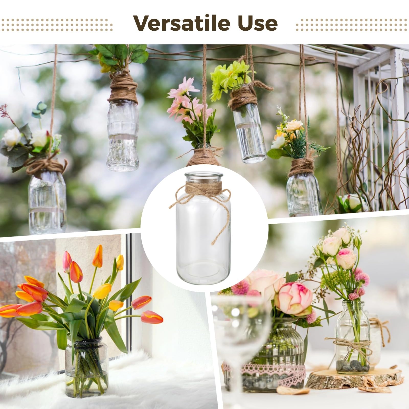 6 Stück Vintage-Glasblumenvasen-Set mit handgewickeltem Juteseil, klare Glasvasen für Tischmitte, dekorative Tischvasen, 16 x 7,9 cm, für Hochzeitsdeko und Wohnraum