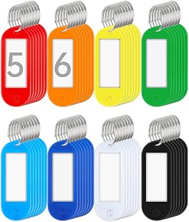 TESKYER 56-Pack Colorful Plastic Key Tags with Rings - Writable Labels in 8 Bright Colors for Easy Key Organization