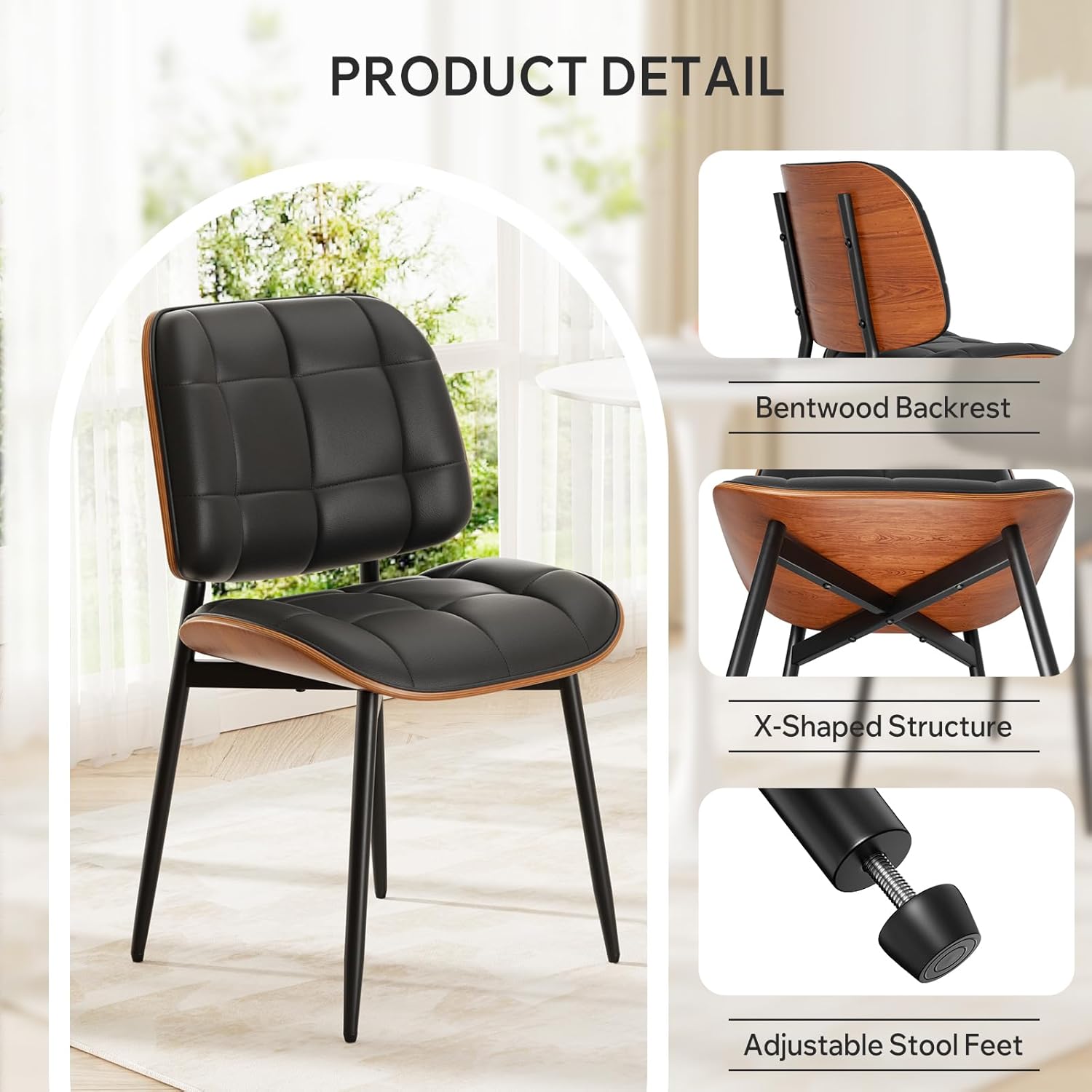 Dining Chairs Set of 4, Black Mid Century Modern Dining Room Chair, Upholstered Faux Leather Kitchen Chairs with Thick Cushion and Walnut Bentwood Back for Kitchen Dining Room, Black