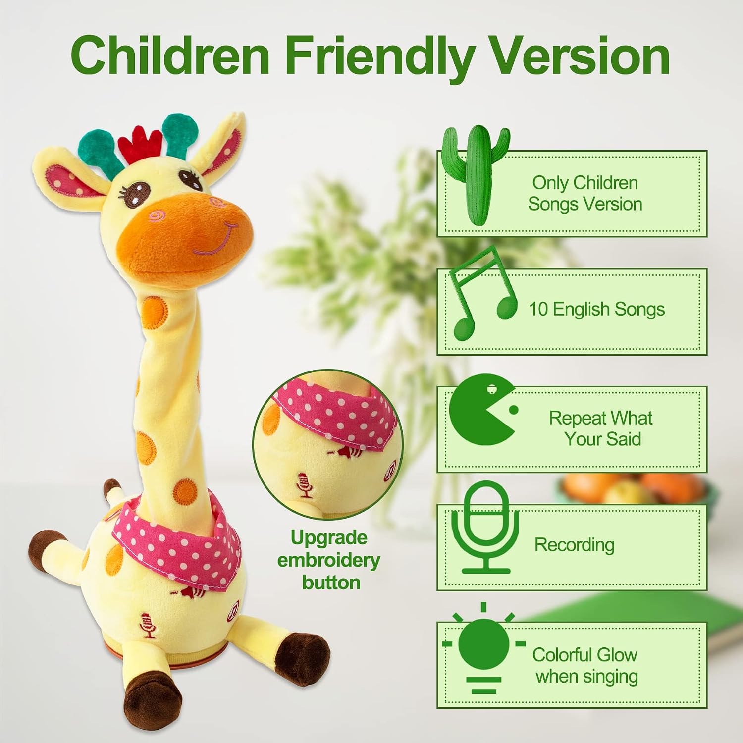 MIAODAM Dancing Giraffe Toy Stuffed Plush, Musical Baby Toys Singing 10 Children's Song Repeats What You Say, Cute Interactive Talking Giraffe Gift for Baby and Kids 1-3 Years Old