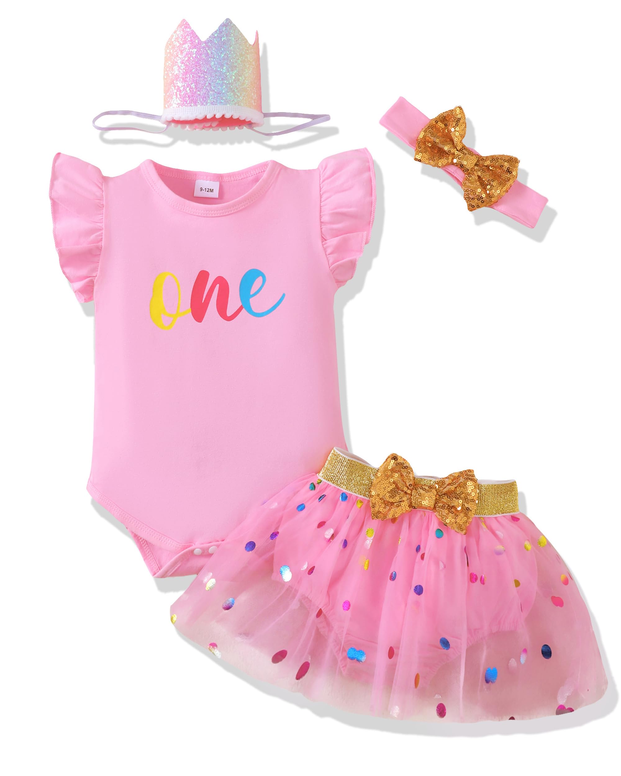 Renotemy Baby Girl First Birthday Outfit 1 Year Old Girl Romper+Tulle Dress Skirt Set Gifts Cake Smash Photo Shoot with Hat