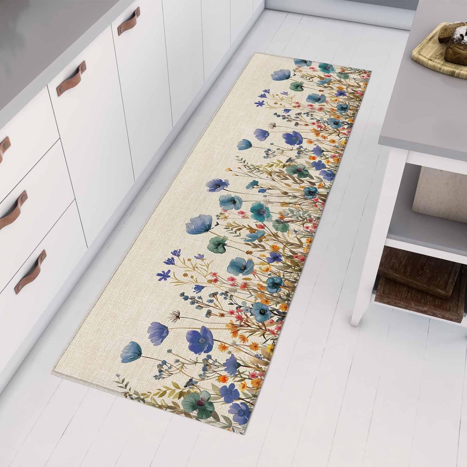 Kitchen Mats for Floor Watercolor Blossom Flower on Burlap Washable Non Slip Kitchen Rugs 1PCS, Garden Floral Botanical Leaves Absorbent Standing Mats for Sink Bathroom Office Living Room 15.7x47.2in