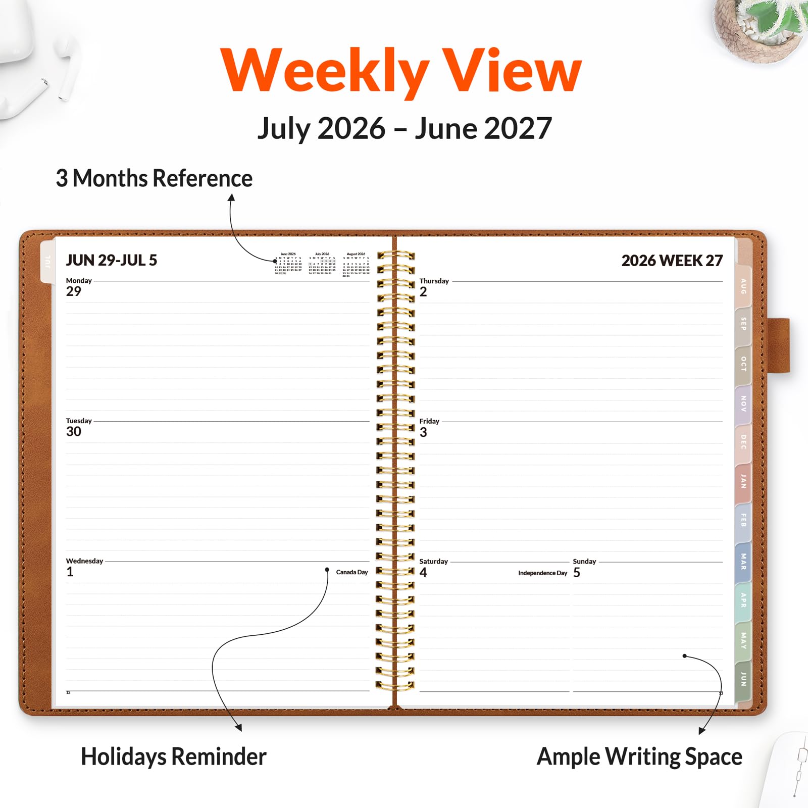 SUNEE Agenda settimanale e mensile 2024-2025, con copertina rigida, 22,9 x 28,4 cm, 12 mesi (luglio 2024 - giugno 2025), copertina in pelle vegana, calendario accademico, tasca, appunti, scheda