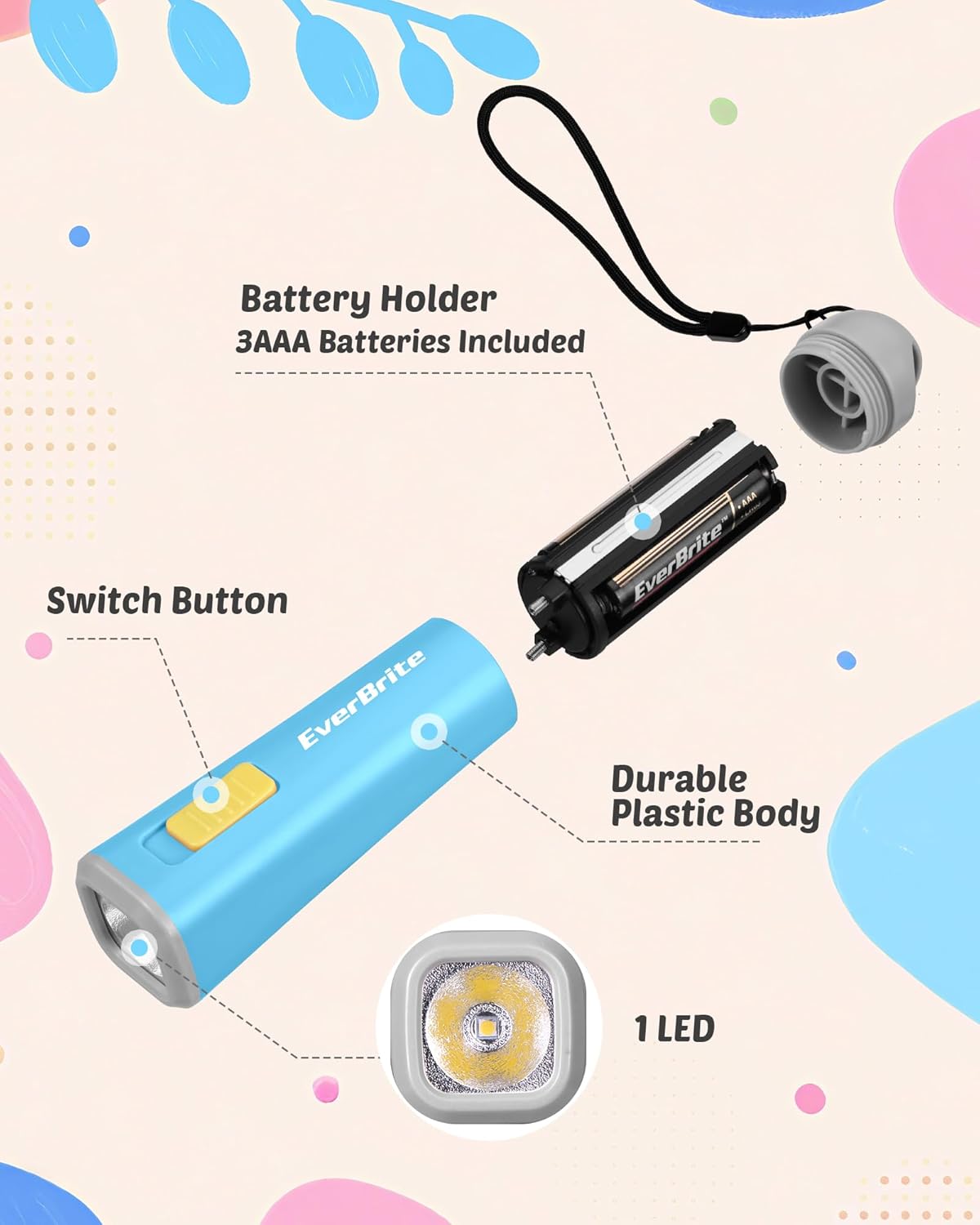 EverBrite Small Flashlight, Mini LED Flashlight, Plastic Torch Use for Emergencies, Camping, Outdoor with Lanyard 3AAA Battery Included, Blue