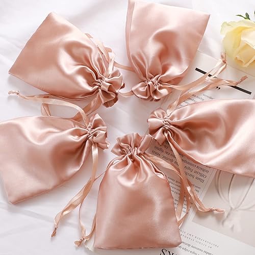 Miniatura 7 de ENNIYU Bolsas de regalo de satén, 4 x 6 bolsas de oro rosa con cordón, bolsas de joyería, bolsas de regalo de Navidad para baby shower, bolsas de